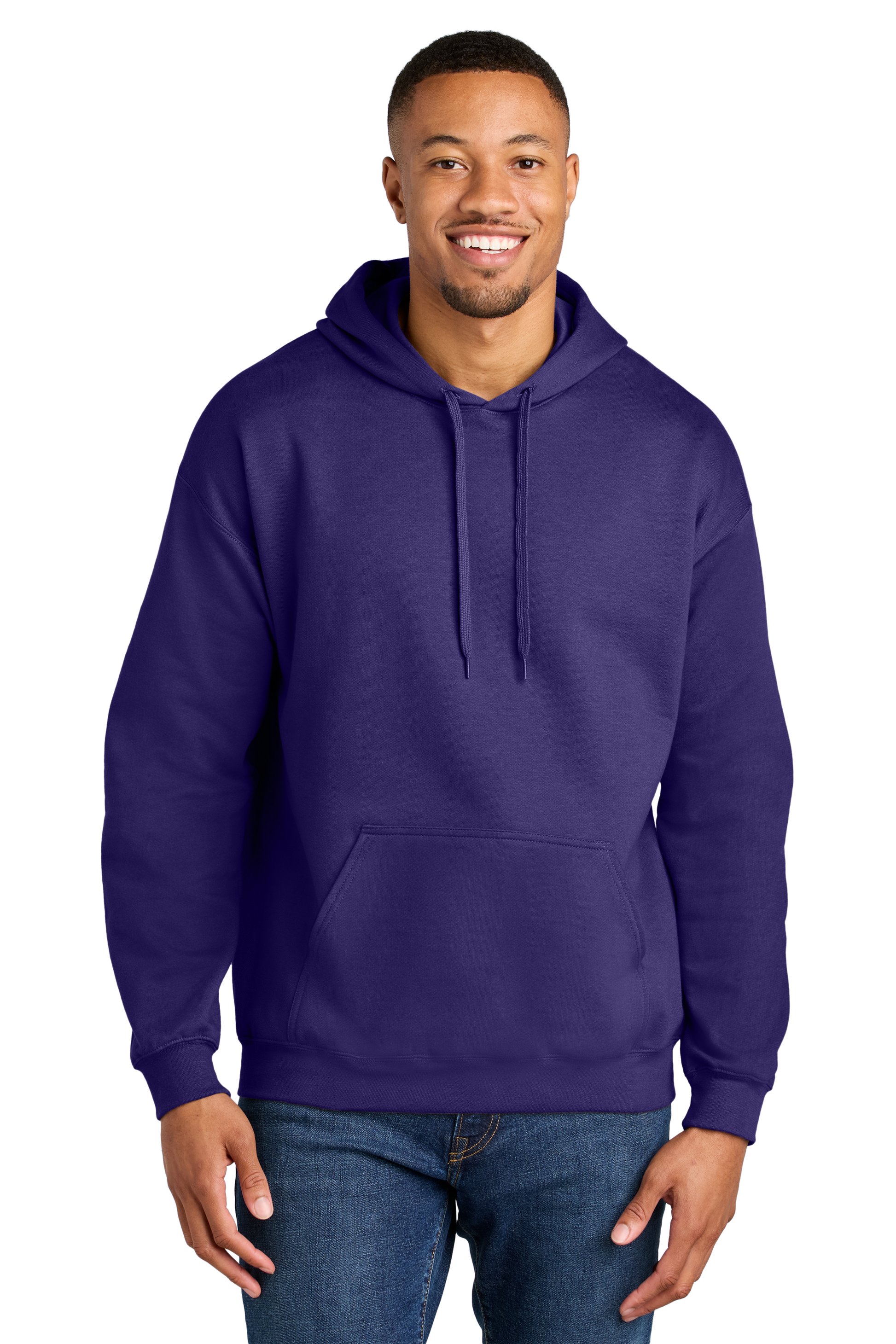 Man wearing a purple hoodie on a white background