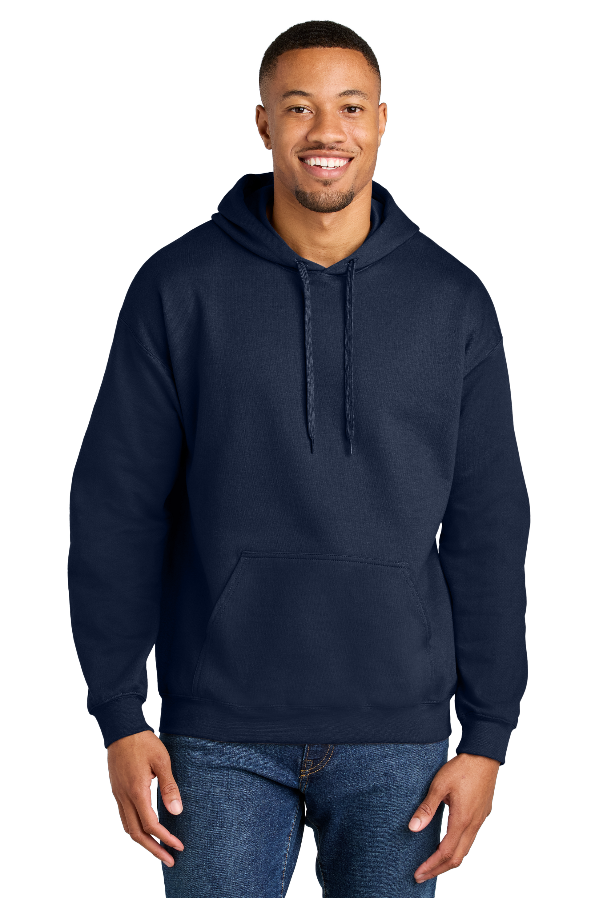 Man wearing a navy blue hoodie on a white background